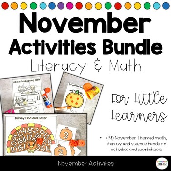 Preview of November Thanksgiving Literacy Math Activities - Worksheets | Centers | Stations