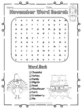 Preview of November Thanksgiving Word Search 2 Levels