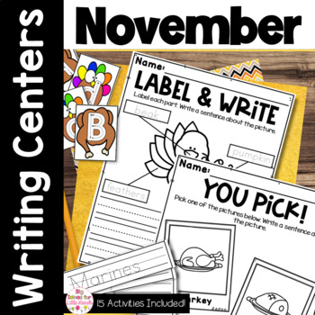 Preview of November Thanksgiving Writing Center | Kindergarten and First Grade