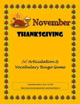 Preview of November - Thanksgiving /r/ Articulation and Vocabulary Bingo