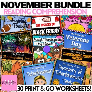 Preview of November Theme Guided Reading Comprehension Worksheets Bundle