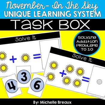 Preview of November Unique Learning System Task Box- Addition to 10 (SPED, Autism)