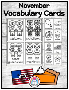Preview of November Vocabulary Cards: Thanksgiving, US Symbols (Election), Veterans - Label
