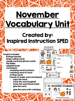 Preview of November Vocabulary Unit for Early Elementary or Students with Special Needs