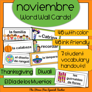 Preview of Spanish November Word Wall Cards noviembre