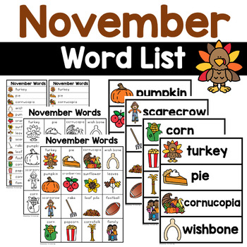 Preview of November Words | Writing Center Word List