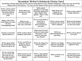 November Writer's Choice Board / Calendar Prompts for Writer's Notebook