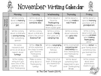 Writing Calendar: 20 Prompts for the Month of November by The Owl Teach