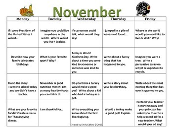 November Writing Calendar by EMILY BIEDERKA | TPT