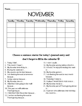 Preview of November Writing Journal Cover Page- blank calendar and sentence starters :)