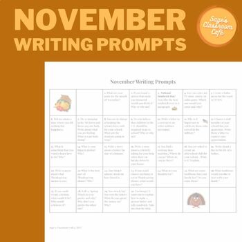 FREEBIE November Writing Prompts by Sage's Classroom Cafe | TPT