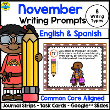 Preview of November Writing Prompts English & Spanish - Task Cards Journal Strips & Digital