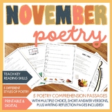 November poetry reading comprehension 4th, 5th | Thanksgiv