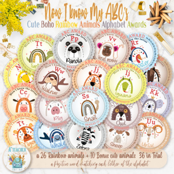 Preview of Now I know My ABC's - 36 Boho Rainbow Animals- Alphabet Awards For Each Letter