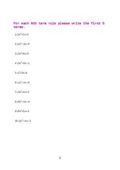 Preview of Nth Term: Quadratic Practice Questions Booklet