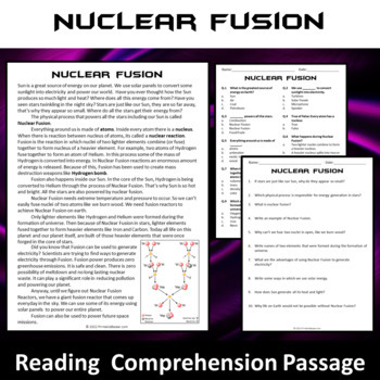 Preview of Nuclear Fusion Reading Comprehension Passage and Questions | Printable PDF