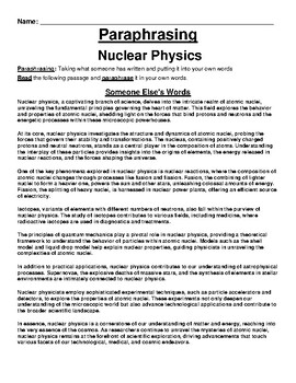 Preview of Nuclear Physics Paraphrasing Worksheet