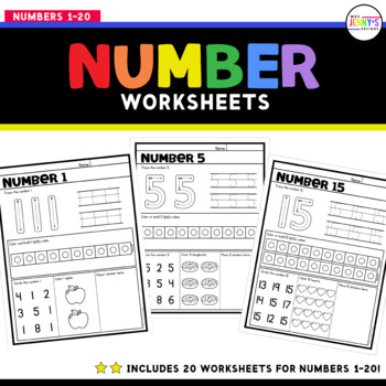 Preview of Number 1-20 Worksheets - Tracing, Identification, Counting, Number Sense 