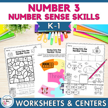Preview of Number 3 Number Sense Worksheets Color by Codes and Center Activities