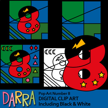 Preview of Number 8 clip art superhero, pop art coloring clipart. color by code template