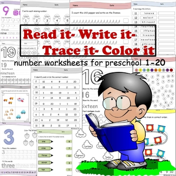 Preview of Preschool numbers worksheets- Read, Write, Count, Trace, Color the numbers 1-20