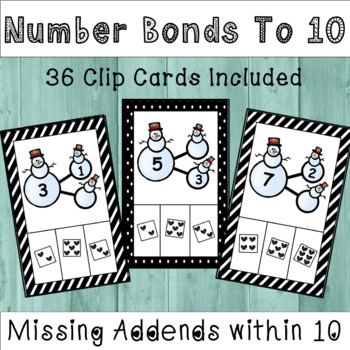 Preview of Number Bond Clip Cards (Missing Addends within 10) - Snowman Theme