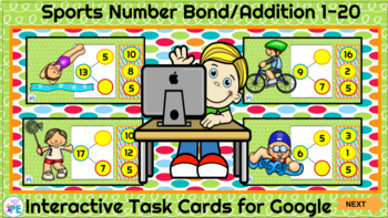 Preview of Number Bonds Interactive Sports Task Cards Addition to 20 for Google Classroom