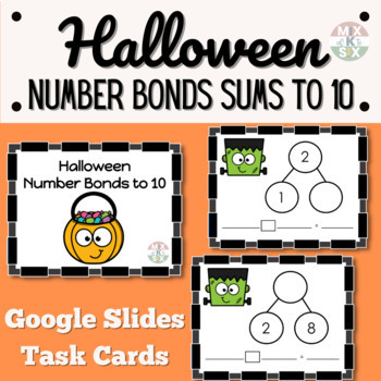 Preview of Number Bonds Sums 1-10 Task Cards Halloween Addition & Subtraction to 10