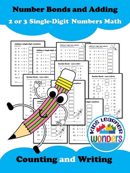 Preview of Number Bonds and Adding 2 or 3 Single-Digit Numbers Math of 20 Worksheets - Set