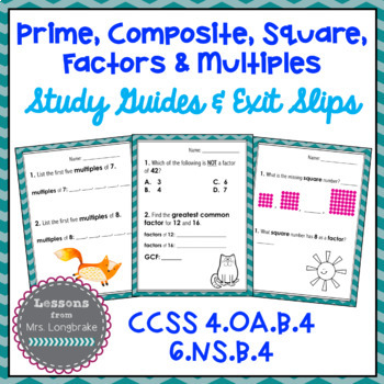 Preview of Prime, Composite, Square, Factors and Multiples Exit Slips & Study Guides