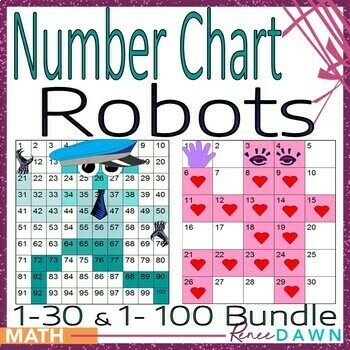 Preview of Number Chart 1 to 100 & 1 to 30 Number Chart Robots - Holiday Math & ELA BUNDLE