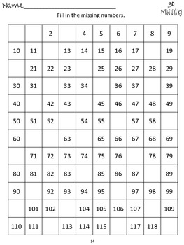 Number Chart Fluency- Common Core Math Pactice Worksheets 99/120 Chart