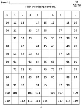 Number Chart Fluency- Common Core Math Pactice Worksheets 99/120 Chart