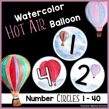 Preview of Number Circles 1 to 40 - Watercolor Hot Air Balloon Theme | 3 Designs |