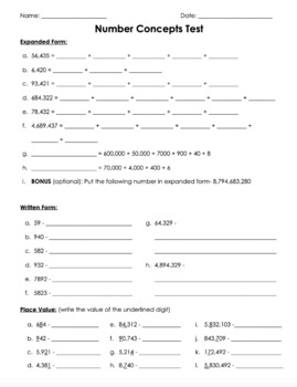 Preview of Number Concepts Test (Editable)