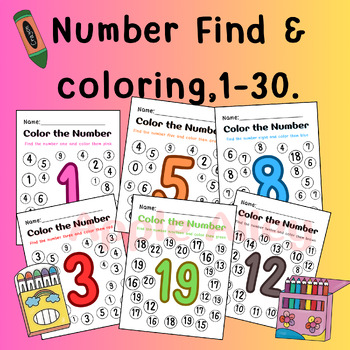 Preview of Number Find & coloring,Number Recognition 0-30,worksheets, Math,Number .