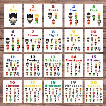 Number Flash Cards 1 20 Pre K And Kindergarten Superhero Number Cards
