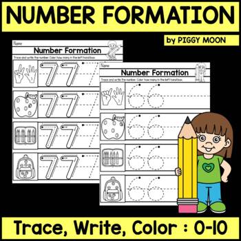 Preview of Number Formation Worksheets: Trace Write Color: 0-10