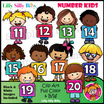 Preview of Number Kids (11 - 20) B/W & Color clipart illustration {Lilly Silly Billy}