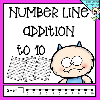 Preview of Number Line Addition to 10  Worksheets and Printables, math drill, grade one