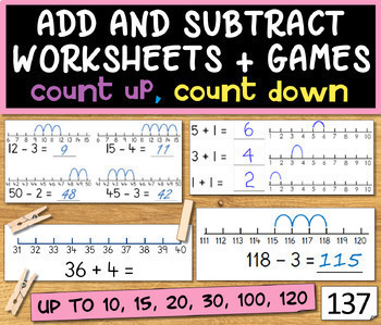 Preview of Number Line Add and Subtract Worksheets and Games Bundle within 10, 30, 100, 120