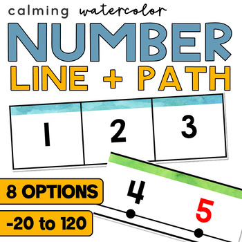 Preview of Classroom Number Line and Number Path Wall Display -20 to 120 Calm Watercolor