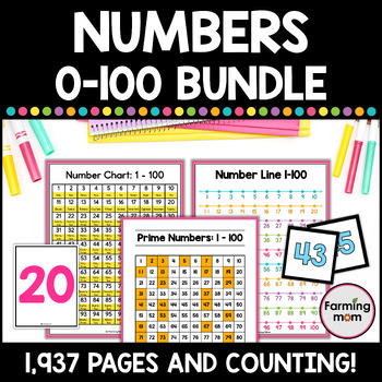Preview of Number Line Posters Flash Cards and Words Chart Numbers to 100 Math Bundle