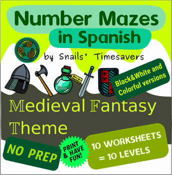 Preview of Number Maze Sequences worksheets in Spanish Medieval fantasy theme