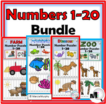 Preview of Number Order Puzzles 1-20 Bundle Farm Dinosaur Ocean and Zoo