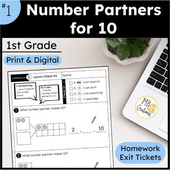 Preview of Number Partners for Ten Worksheets FREEBIE L1 1st Grade iReady Math Exit Tickets