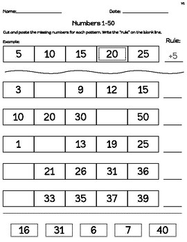 Preview of Number Patterns Cut Paste Worksheet Bundle, Increasing, Decreasing Numbers 1-50