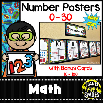 Number Posters 0-30 - Super Hero Theme by Planet Happy Smiles | TPT