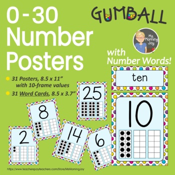 Preview of Number Posters 0-30 with 10-Frames and Number Words, gumball design