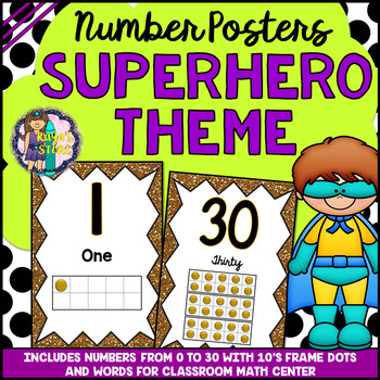 Preview of Number Posters (0 to 30) Superhero Classroom Theme BACK TO SCHOOL